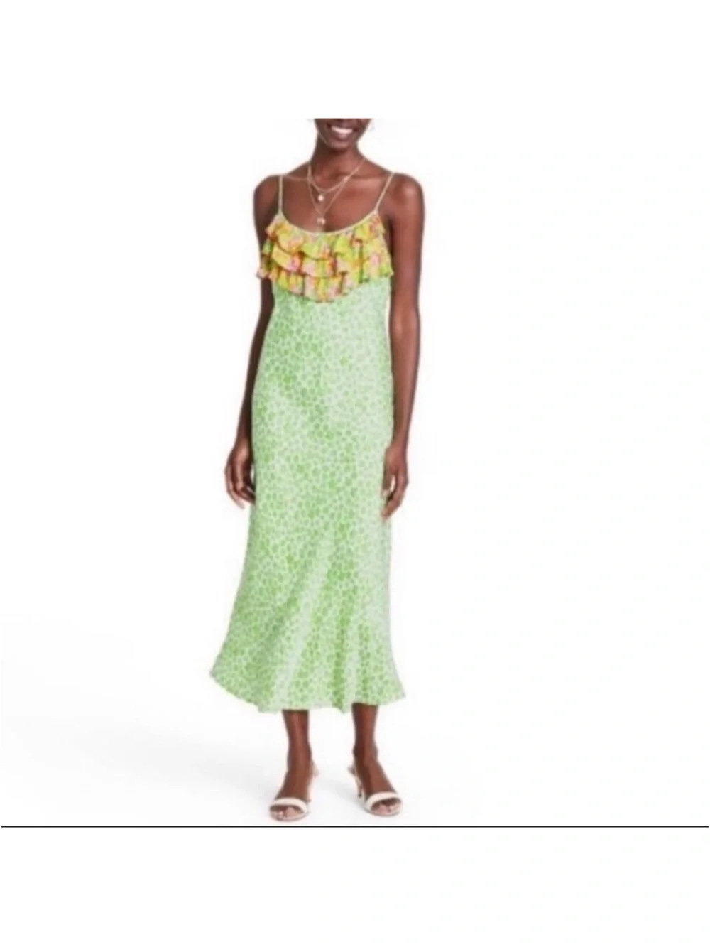RIXO for Target Lime Green Floral Slip Dress with Yellow Ruffle Sz S